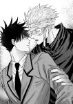  2boys arm_grab bandage_over_one_eye bangs collared_shirt commentary_request crying fushiguro_megumi fushirun_rung gojou_satoru hair_between_eyes high_collar highres jacket jujutsu_kaisen looking_at_another male_focus monochrome multiple_boys necktie open_mouth parted_lips school_uniform shirt short_hair spiked_hair tears 