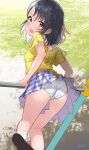  1girl ass black_hair blush chiyosuke_(nosuke21) highres horizontal_bar idolmaster idolmaster_cinderella_girls looking_at_viewer looking_back outdoors panties pantyshot plaid plaid_skirt sasaki_chie shirt skirt solo underwear upskirt white_panties yellow_shirt 