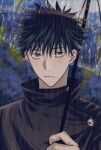  1boy bangs black_hair black_jacket blush buttons closed_mouth commentary eyelashes fushiguro_megumi fushirun_rung green_eyes hair_between_eyes high_collar highres holding holding_umbrella jacket jujutsu_kaisen long_sleeves looking_at_viewer male_focus outdoors rain school_uniform short_hair solo spiked_hair symbol-only_commentary umbrella water water_drop 