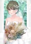  1girl :o alternate_costume alternate_hairstyle bare_shoulders blurry blurry_background blush bouquet bridal_veil bride collarbone dress earrings flower_earrings gong_xu_yamii highres holding holding_bouquet idolmaster idolmaster_shiny_colors jewelry looking_at_viewer nanakusa_nichika solo strapless strapless_dress veil wedding_dress white_dress 