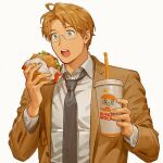  1boy america_(hetalia) axis_powers_hetalia black_necktie blazer blue_eyes brand_name_imitation burger burger_king collared_shirt cup drinking_straw eating fast_food food food_wrapper holding holding_cup jacket littleb623 necktie open_mouth shirt upper_body 
