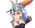  &gt;:) 1girl absurdres animal_ear_fluff animal_ears armor bikini blue_bikini blue_hair blush boots braid breasts bunny-shaped_pupils carrot_hair_ornament chai_mao closed_mouth cowboy_shot faulds food-themed_hair_ornament gloves hair_ornament highres holding holding_sword holding_weapon hololive huge_weapon leather leather_gloves long_hair looking_at_viewer medium_breasts multicolored_hair navel orange_eyes pauldrons rabbit_ears rabbit_girl shoulder_armor simple_background skindentation smile solo swimsuit sword symbol-shaped_pupils thick_eyebrows thigh_boots twin_braids twintails two-tone_hair usada_pekora v-shaped_eyebrows vambraces virtual_youtuber weapon white_hair 