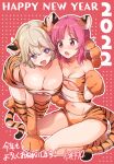  2022 animal_costume animal_ears animal_hands animal_print asumi-chan_wa_rezu_fuuzoku_ni_kyoumi_ga_arimasu! bare_shoulders blush braid breast_press breasts chinese_zodiac cleavage clothing_cutout collarbone dotted_background fang hand_on_another&#039;s_shoulder happy_new_year highres hug itsuki_kuro kneeling kusumoto_asumi large_breasts light_brown_hair looking_at_another medium_breasts medium_hair navel open_mouth purple_eyes red_background red_eyes red_hair seiza sitting smile surprised sweat tail thighs tiger_costume tiger_ears tiger_paws tiger_print tiger_stripes tiger_tail year_of_the_tiger 