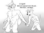  4:3 animal_genitalia anthro balls beastars bird_dog canid canine canis digital_media_(artwork) domestic_dog duo english_text erection fur genitals hand_holding hi_res hunting_dog jack_(beastars) knot legoshi_(beastars) male male/male mammal monochrome nipples nude penis retriever simple_background smile text water wintersink wolf 