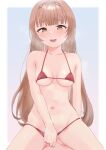  1girl bangs bikini bikini_pull blunt_bangs blush breasts breath brown_eyes brown_hair clothes_pull commentary_request helena_(kancolle) highres kantai_collection long_hair looking_at_viewer medium_breasts micro_bikini parted_lips red_bikini sakieko simple_background solo swimsuit very_long_hair 