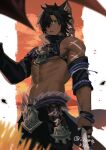  1boy abs animal_ears arm_at_side avatar_(ff14) bara black_hair black_pants blurry blurry_foreground cat_boy cat_ears commentary_request cowboy_shot cross_scar dark-skinned_male dark_skin evening final_fantasy final_fantasy_xiv green_eyes hair_over_one_eye hand_up holding looking_at_viewer male_focus miqo&#039;te mn_(zig_r14) muscular muscular_male navel one_eye_covered open_mouth orange_background pants pectorals scar scar_on_arm scar_on_cheek scar_on_face short_hair sidepec single_sleeve solo spiked_hair twitter_username underpec 