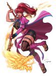  1girl belt dragon dress earrings highres jewelry killer_instinct kim_wu looking_to_the_side martial_arts nunchaku pink_dress ponytail red_hair superbull164164 thick_thighs thighs weapon 