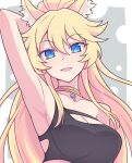  1girl animal_ear_fluff animal_ears arm_up armpits bangs bare_shoulders blonde_hair blue_eyes breasts cleavage collarbone e20 grey_background hair_between_eyes high_ponytail highres looking_at_viewer medium_breasts parted_lips ponytail rararin_(show_by_rock!!) show_by_rock!! smile solo two-tone_background upper_body white_background 