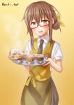  1girl alternate_costume alternate_hairstyle anti_(untea9) apron brown_hair brown_skirt curry food glasses gradient gradient_background hair_bun ham head_scarf highres kantai_collection long_hair meat mochizuki_(kancolle) pita_(food) red-framed_eyewear sauce shirt short_sleeves single_hair_bun skirt smile solo white_shirt yellow_background 