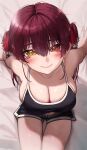  1girl absurdres arm_support bangs bare_arms bed_sheet black_shorts black_sports_bra blush breasts cleavage closed_mouth cowboy_shot from_above hair_between_eyes hair_ribbon highres hololive houshou_marine large_breasts long_hair looking_at_viewer on_bed red_eyes red_hair red_ribbon ribbon short_shorts shorts sitting sitting_on_bed smile solo sports_bra thigh_gap torriet virtual_youtuber yellow_eyes 