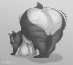  2022 anthro bent_over big_breasts big_butt breasts butt butt_focus female hair huge_breasts huge_butt mammal monochrome motion_lines obese obese_anthro obese_female overweight overweight_anthro overweight_female presenting presenting_hindquarters rear_view shaded short_tail simple_background solo takarachan thick_thighs wide_hips 