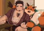  2022 anthro asian_clothing belly big_belly blush book bottomwear bulge canid canine clothing duo east_asian_clothing eyes_closed fox hi_res human humanoid_hands inside iyo_(tamacolle) japanese_clothing kemono male mammal orange_body overweight overweight_male shorts sitting takichizento tamacolle 