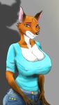 5_fingers anthro apendanz big_breasts bottomwear breasts canid canine cleavage clothed clothing curvaceous curvy_figure denim denim_clothing female fingers fox fur green_eyes hair hi_res huge_breasts jeans looking_at_viewer mammal multicolored_body multicolored_fur nipple_outline orange_body orange_fur pants red_fox smile solo voluptuous white_body white_fur 