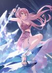  1girl armpits blue_eyes bow breasts cleavage commission dress footwear_bow highres holding holding_sword holding_weapon long_hair looking_at_viewer morros original pink_dress pink_hair reverse_grip sandals silver_footwear smile solo sword thigh_strap thighs toes weapon 