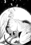  1girl absurdres animal bangs breasts chimera closed_eyes covered_mouth dragon_tail dungeon_meshi eating falin_thorden feathered_wings feathers flower greyscale hand_up highres holding holding_flower monochrome monster_girl myozur nude rabbit short_hair solo sparkle spoilers tail taur wings 