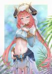  1girl absurdres blue_eyes blush fuwa_gengetsu genshin_impact highres horns midriff navel nilou_(genshin_impact) red_hair smile solo 