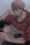  2boys bangs bed bed_sheet black_hair black_shirt closed_eyes closed_mouth collarbone commentary_request extra_eyes eyelashes facial_tattoo fushiguro_megumi fushirun_rung hair_between_eyes hand_on_another&#039;s_face highres hood hoodie itadori_yuuji jujutsu_kaisen looking_at_another lying male_focus multiple_boys on_bed parted_lips pillow pink_hair red_eyes red_hoodie ryoumen_sukuna_(jujutsu_kaisen) shirt short_hair sleeping smile spiked_hair tattoo undercut veins yaoi 