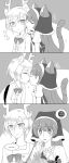  ... 2girls animal_ears antlers apron bell blush bow cat_ears cat_tail greyscale haniyasushin_keiki head_scarf highres jewelry jingle_bell kicchou_yachie licking licking_another&#039;s_cheek licking_another&#039;s_face long_hair magatama magatama_necklace mask_(boring_mask) monochrome multiple_girls necklace short_hair slit_pupils smile surprised tail tail_bow tail_ornament touhou turtle_shell yuri 