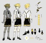  1boy belt black_footwear black_necktie blonde_hair blue_eyes character_name collared_shirt colored_shoe_interior dress_shoes english_text formal gloves glowing glowing_clothes grey_background hand_up high_collar kagamine_len kneehighs legs_apart light_smile looking_at_viewer miku_symphony_(vocaloid) multiple_views necktie official_alternate_costume official_art reference_sheet rella shirt shoes shoes_removed short_hair short_necktie short_ponytail short_sleeves shorts simple_background socks spiked_hair standing suspender_shorts suspenders turnaround vocaloid white_gloves white_shirt white_socks yellow_belt 