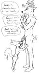  anthro antlers balls beastars canid canine cervid cervine digital_media_(artwork) duo fellatio fennec fox fur genitals horn louis_(beastars) male male/male mammal monochrome nipples nude oral penile penis red_deer sex simple_background size_difference text voss_(beastars) wintersink 