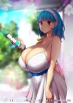  1girl absurdres bag bangs blue_hair blunt_bangs blurry blurry_background breasts cellphone cleavage curvy dress earrings erkaz hairband handbag highres holding holding_phone huge_breasts jewelry medium_hair open_mouth original phone red_eyes rina_atherina smartphone white_babydoll white_dress white_hairband 