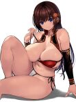  1girl arm_support bangs bikini blue_eyes breasts brown_hair curvy hair_ornament highres huge_breasts large_breasts long_hair looking_at_viewer mc_axis messy_(efuya) navel side-tie_bikini sitting solo swimsuit thick_thighs thighs white_background 