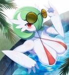  1girl absurdres bikini breasts collarbone commentary english_commentary eyewear_on_head furry furry_female gardevoir green_hair halterneck highres large_breasts looking_at_viewer partially_submerged pokemon pokemon_(creature) red_bikini round_eyewear short_hair solo sunglasses swimsuit upper_body water wet whooo-ya 