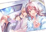  5girls absurdres arisugawa_natsuha blush car_interior highres houkago_climax_girls_(idolmaster) idolmaster idolmaster_shiny_colors kevn komiya_kaho looking_at_viewer morino_rinze multiple_girls photo_(object) saijo_juri selfie sonoda_chiyoko sunroof v w 