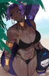  1girl abs absurdres assassin_(fate/zero) bag beach bikini black_bikini blush bracelet breasts choker cleavage dark-skinned_female dark_skin earrings fate/grand_order fate/zero fate_(series) gold_trim hair_ornament handbag highres hoop_earrings jewelry lightsource long_hair palm_tree ponytail purple_eyes purple_hair sand skull skull_hair_ornament swimsuit tree 