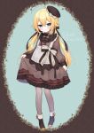  1girl ahoge apron bangs beret black_footwear black_headwear blonde_hair blue_background boots bow brown_dress closed_mouth commission copyright_request dress hair_between_eyes hat long_hair long_sleeves low_twintails pantyhose puffy_long_sleeves puffy_sleeves ribbed_legwear skeb_commission skirt_hold sleeves_past_wrists smile solo standing striped striped_bow tilted_headwear twintails very_long_hair white_apron white_bow yamabukiiro 