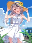  1girl :d arms_up bangs bare_arms bare_shoulders black_hair blue_sky blush braid cloud day dress flower grey_hair hair_ornament hairclip hands_on_headwear hat hat_flower highres hololive long_hair looking_at_viewer multicolored_hair outdoors plant quarterlift red_eyes revision sakamata_chloe sky sleeveless sleeveless_dress smile solo straw_hat streaked_hair sundress sunflower virtual_youtuber white_dress x_hair_ornament yellow_flower yellow_headwear 