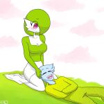  1:1 2021 blue_body blush breasts cleavage clothed clothing duo eye_through_hair eyes_closed female gardevoir green_hair hair hand_on_head humanoid kneeling lap_pillow looking_at_another looking_at_partner male medium_breasts nintendo not_furry open_mouth pearboy-ooh pearboy_(oc) pok&eacute;mon pok&eacute;mon_(species) red_eyes sierra_(pearboy-ooh) simple_background smile translucent translucent_hair video_games 