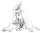  2018 accessory anthro avian breath_of_the_wild claws feather_hands feather_in_hair feathers genitals glans hair hair_accessory hi_res humanoid_genitalia humanoid_penis kass_(tloz) kenket male monochrome nintendo penis penis_through_leghole poking_out rito scarf smile solo the_legend_of_zelda video_games 