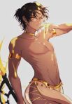  1boy absurdres arknights armlet belly_chain black_hair collarbone cowboy_shot dark_skin eksi_(kriixx) grey_background highres jewelry looking_at_viewer male_focus navel neck_ring parted_lips short_hair simple_background solo standing stomach thorns_(arknights) topless_male yellow_eyes 