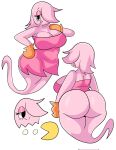  big_breasts big_butt black_eyes bottomwear breasts butt cleavage clothed clothing dress duo female ghost gloves hair hair_over_eye half-closed_eyes handwear hi_res huge_butt humanoid lewd_dorky looking_at_viewer narrowed_eyes one_eye_obstructed open_mouth pac-man pac-man_(series) pink_body pink_hair pinky_(pac-man) smile spirit thick_thighs video_games wide_hips 