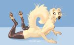  2022 anthro biped blonde_hair blue_background breasts butt canid canine canis claws digital_media_(artwork) digitigrade discreet_user domestic_dog female fur hair hi_res lying mammal nipples on_front pawpads paws simple_background small_breasts solo tan_body tan_fur thigh_highs_only toe_claws 