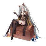  1girl 2r-_(pixiv8168114) absurdres alchemy_stars asymmetrical_clothes black_gloves boots bottle breasts cape closed_mouth coin crossed_legs elbow_gloves gem gloves grey_eyes grey_hair highres long_hair looking_at_viewer pouch scar scar_across_eye sidelocks simple_background single_pantsleg single_thigh_boot sitting slit_pupils small_breasts smile smokey_(alchemy_stars) smokey_(imprisonment_of_greed)_(alchemy_stars) thigh_boots treasure_chest twintails twitter_username very_long_hair white_background wine_bottle 