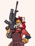  anthro assault_rifle canid canine clothing cute_fangs edit engineer_(team_fortress_2) female fox gloves green_eyes grenade_launcher gun hair hand_on_hip handwear looking_at_viewer m16 mammal orange_body overalls pepper_(sketchytoasty) ranged_weapon red_hair rifle shirt simple_background sketchytoasty smile smiling_at_viewer solo team_fortress_2 tied_hair topwear valve video_games weapon 