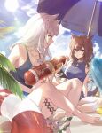  2girls absurdres animal_ears barefoot beach blue_sky blue_swimsuit breasts brown_hair cloud day gold_ship_(run_revolt_launcher)_(umamusume) gold_ship_(umamusume) hair_between_eyes highres holding holding_water_gun horse_ears horse_girl horse_tail jewelry looking_at_another medium_breasts medium_hair multiple_girls nakayama_festa_(umamusume) necklace ocean one-piece_swimsuit outdoors parasol purple_eyes sand sitting sky summer sun sunlight swimsuit tail toenails toes twitter_username umamusume umbrella water_gun white_hair yogukasu 