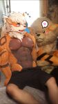  &lt;3 abs anthro arcanine bedroom big_pecs blue_sclera blush bodily_fluids draw_over duo feral fur fur_growth growth hi_res human human_to_anthro male mammal muscular nintendo nipples pecs photo photo_background plushie pok&eacute;mon pok&eacute;mon_(species) red_nipples sa_no species_transformation sweat transformation video_games 