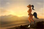  2020 anthro black_hair black_mane breasts brown_body brown_fur brown_nipples butt casual_nudity equid equine female fur hair horse mammal mane mountain nature nature_background nipples nude ponytail rock signature solo spicychaikitten standing sun sunrise sunset 