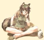  1girl alcohol animal_ears bangs bottle brown_eyes brown_hair brown_shirt brown_skirt closed_mouth fingernails flip-flops full_body futatsuiwa_mamizou glasses hand_on_own_cheek hand_on_own_face indian_style looking_at_viewer nakajimayou on_floor raccoon_ears raccoon_girl raccoon_tail sake sake_bottle sandals shirt short_hair short_sleeves simple_background sitting skirt smile solo tail toenails toes touhou wine yellow_background 