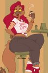  anthro avian beverage bird bottomwear clothing coffee denim denim_clothing dinosaur female footwear hair hand_on_hip hi_res hybrid jeans looking_at_viewer pants red_eyes red_hair reptile rid scalie shirt shoes sitting smile sneakers solo thick_thighs tied_shirt topwear velvetomo yellow_sclera 