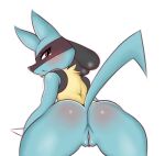  2020 absurd_res anthro black_body blue_body bodily_fluids butt eyelashes female fur genitals hand_spike hi_res lucario nintendo pok&eacute;mon pok&eacute;mon_(species) pussy red_eyes saltyxodium solo spikes spikes_(anatomy) tears video_games yellow_body yellow_fur 