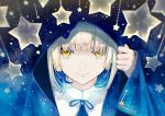  1girl absurdres arm_support bangs blonde_hair blue_ribbon blue_theme blunt_bangs cape_hold galaxy hi_to_ba highres light_smile looking_at_viewer medium_hair original ribbon sky solo star_(sky) star_(symbol) starry_sky yellow_eyes 