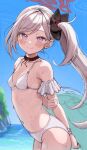  1girl :p beach blue_archive blue_sky hair_ornament hair_scrunchie halo highres lifebuoy looking_at_viewer mutsuki_(blue_archive) non-web_source ocean purple_eyes scrunchie side_ponytail sky solo source_request sweat swimsuit tongue tongue_out white_hair white_swimsuit 