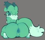  anthro anus blush breasts butt canid canine feet female fox fur genitals goonie-san green_body green_fur hi_res looking_at_viewer looking_back mammal nude pussy simple_background smile solo tail_tuft tuft 