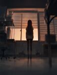  1girl black_footwear blinds box chair computer computer_tower desk dino_(dinoartforame) from_behind from_below highres long_hair makise_kurisu monitor off_shoulder office_chair pantyhose paper_roll plant steins;gate sticky_note television window 