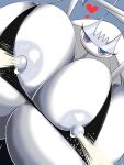  &lt;3 3:4 alternate_color antennae_(anatomy) anthro areola big_breasts blue_pupils blush bodily_fluids bra breasts clothing english_text female grey_areola grey_nipples huge_breasts hyper hyper_breasts lactating looking_at_viewer milk nintendo nipples norio_(pheromosa_times) open_mouth pheromosa pok&eacute;mon pok&eacute;mon_(species) pupils purple_eyes solo text ultra_beast underwear video_games white_body 