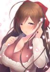  1girl :o apron bangs blush bow breasts brown_hair cherry_blossoms cleavage commentary_request hair_bow hair_ornament hairclip kantai_collection kappougi long_hair long_sleeves looking_at_viewer mamiya_(kancolle) parted_lips petals pink_shirt purple_eyes red_bow shirt simple_background solo upper_body yuasa_makoto 